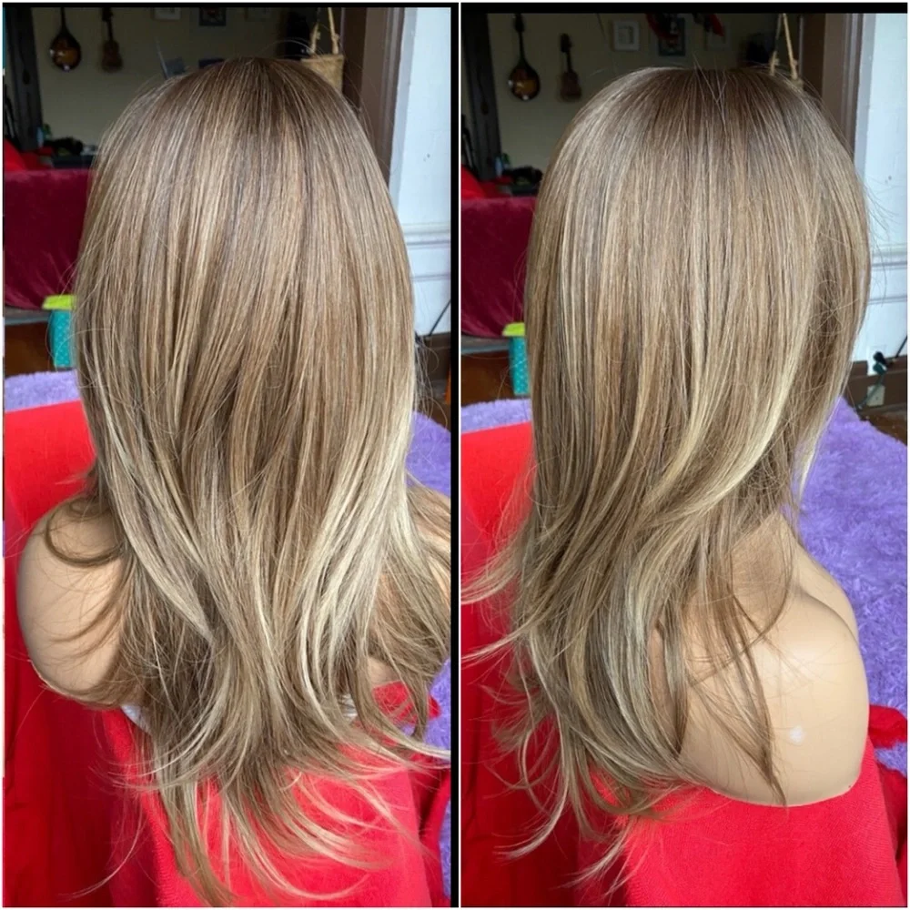 Layered Long Wig with Face-Framing Bangs - Blonde Brown Blend
